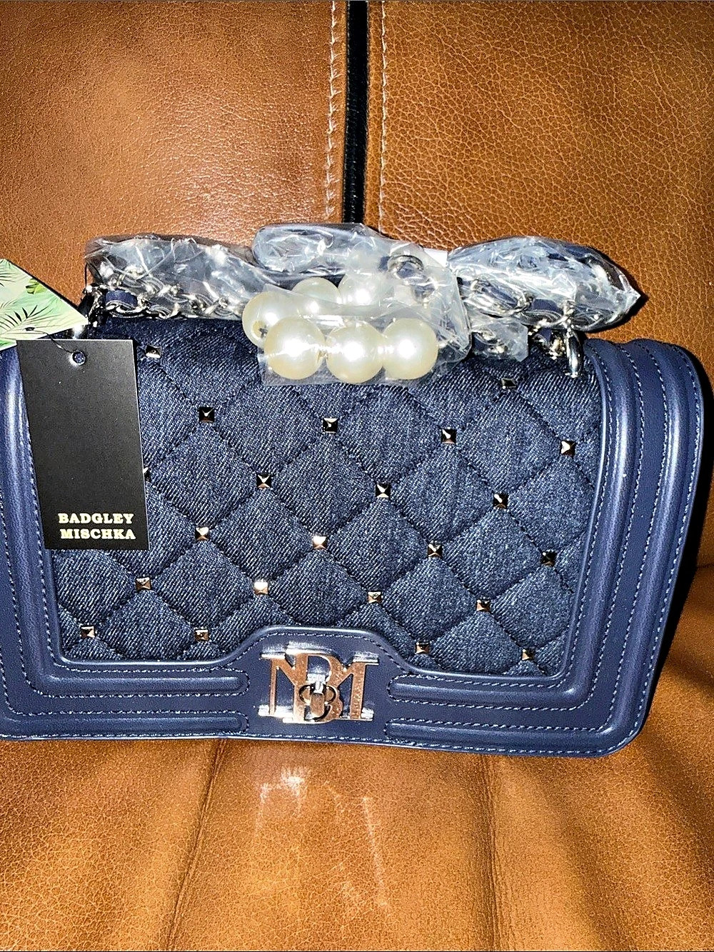 Badgley Mischka Elle Denim Quilted Shoulder Bag in Blue NWT